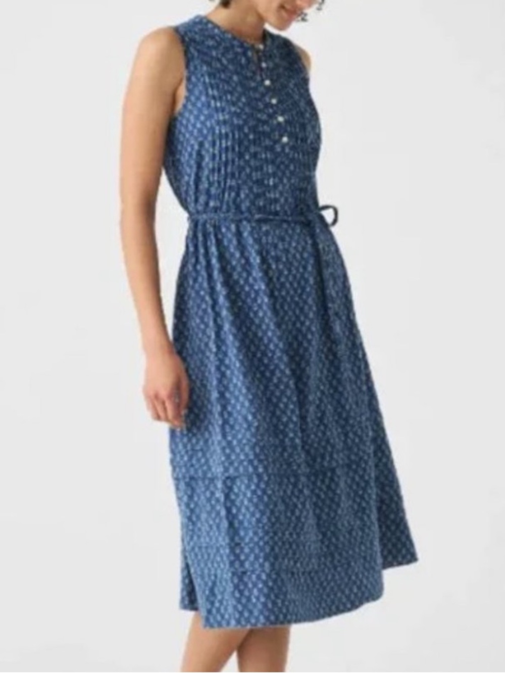 Faherty Isha Midi Dress Linen Blend Pintuck Gobi Blue Floral Medium